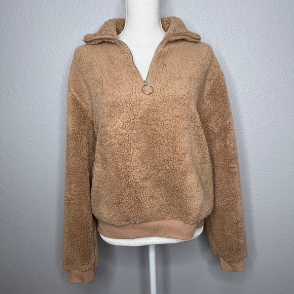 Topshop Tan Teddy Fleece Quarter Zip Up Pull Over Size 10 -cp - Picture 3 of 9
